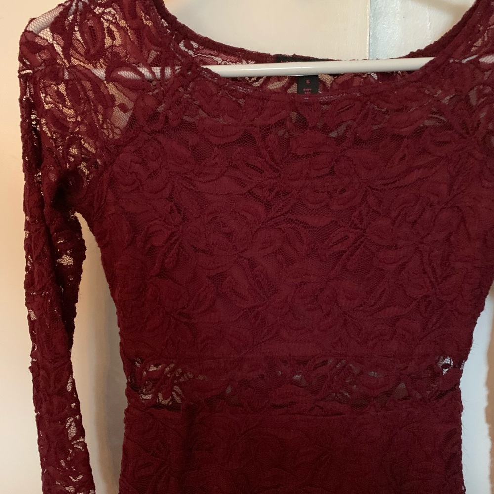 Formal red long sleeved lacy dress